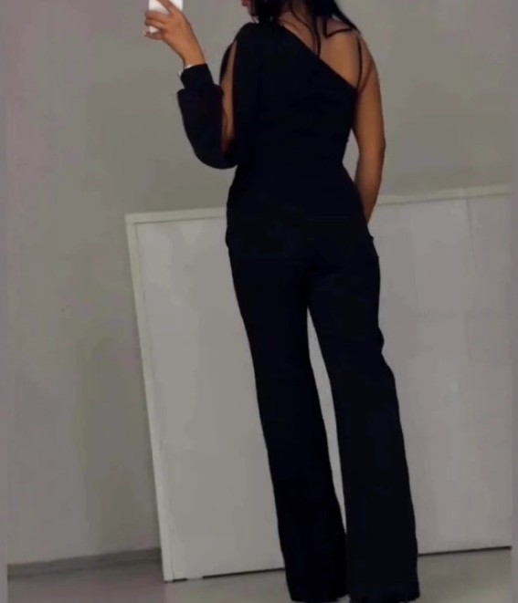 een schouder Jumpsuit™ | Glanzend Mesh met Uitlopend Bovenstuk