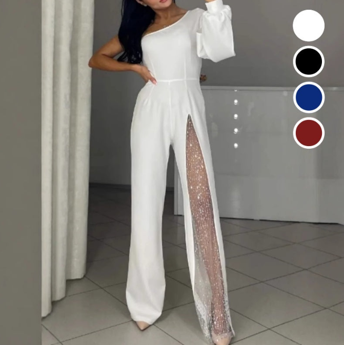 een schouder Jumpsuit™ | Glanzend Mesh met Uitlopend Bovenstuk