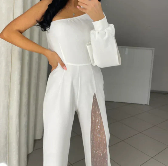 een schouder Jumpsuit™ | Glanzend Mesh met Uitlopend Bovenstuk