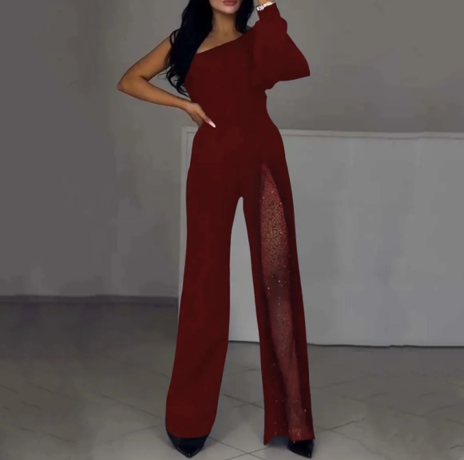 een schouder Jumpsuit™ | Glanzend Mesh met Uitlopend Bovenstuk