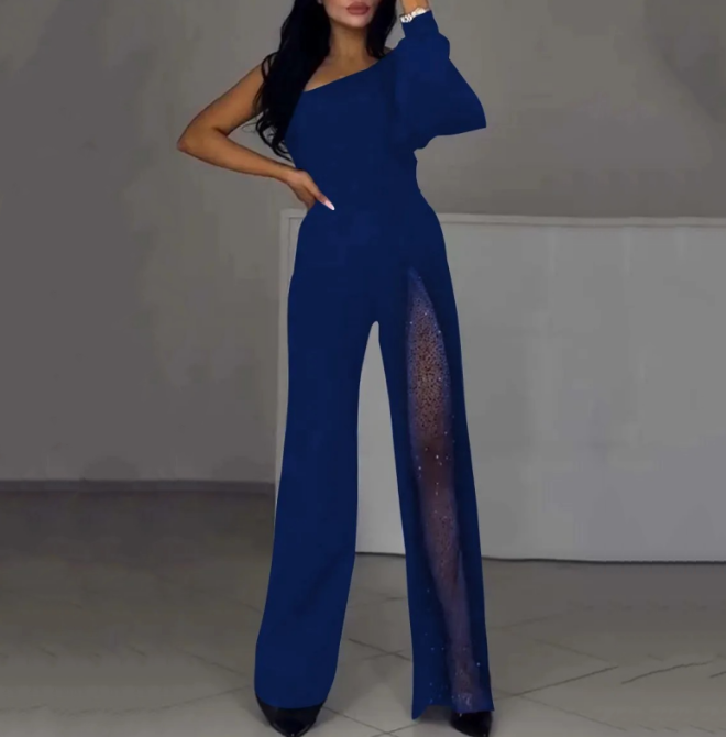 een schouder Jumpsuit™ | Glanzend Mesh met Uitlopend Bovenstuk